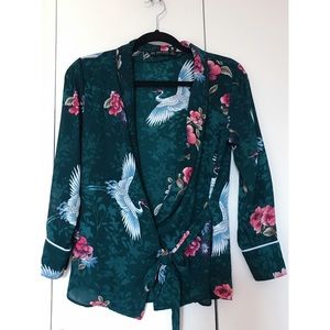 Zara Floral Crane print kimono wrap blouse